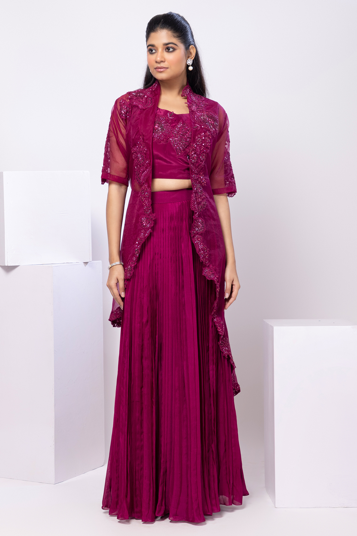 Red Organza Thread Embellished Jacket Set by Smriti by Anju Agarwal at Pernia's Pop Up Shop