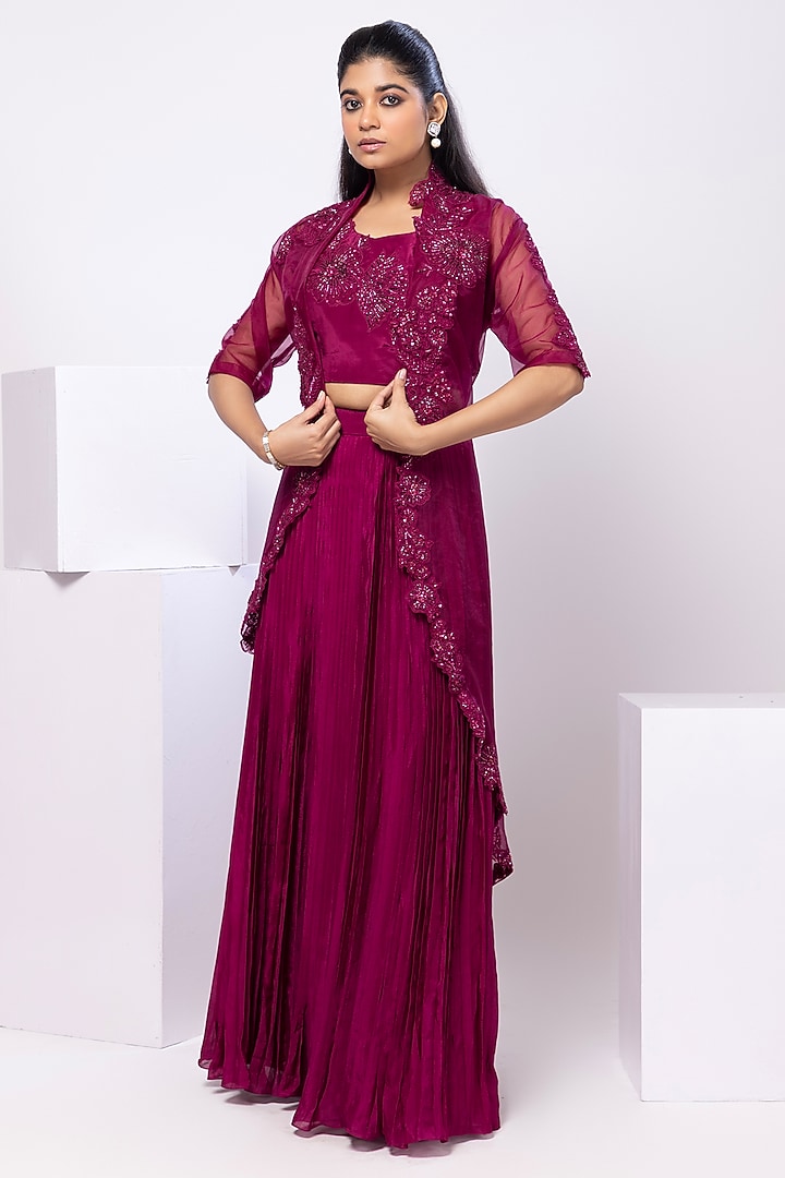 Red Organza Thread Embellished Jacket Set by Smriti by Anju Agarwal at Pernia's Pop Up Shop