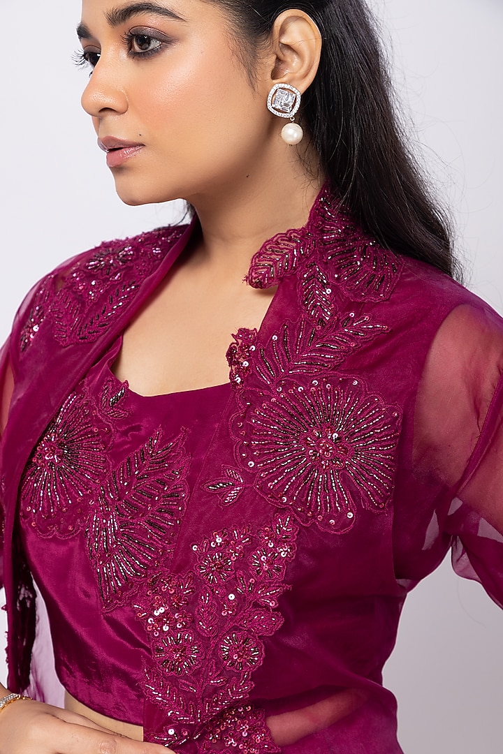 Red Organza Thread Embellished Jacket Set by Smriti by Anju Agarwal at Pernia's Pop Up Shop