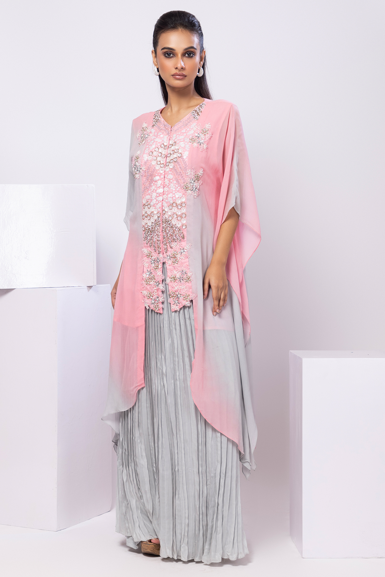 Pink & Grey Georgette Embellished Shaded Kaftan Set by Smriti by Anju Agarwal at Pernia's Pop Up Shop