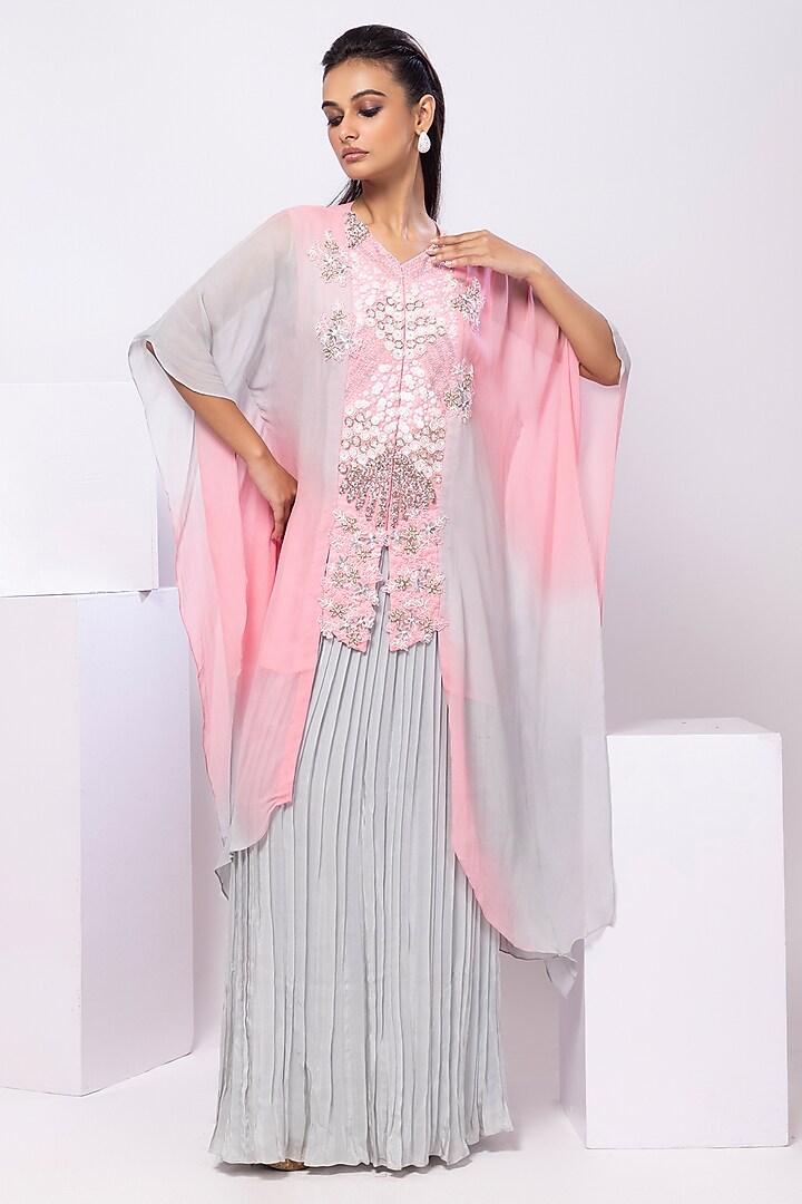Pink & Grey Georgette Embellished Shaded Kaftan Set by Smriti by Anju Agarwal at Pernia's Pop Up Shop