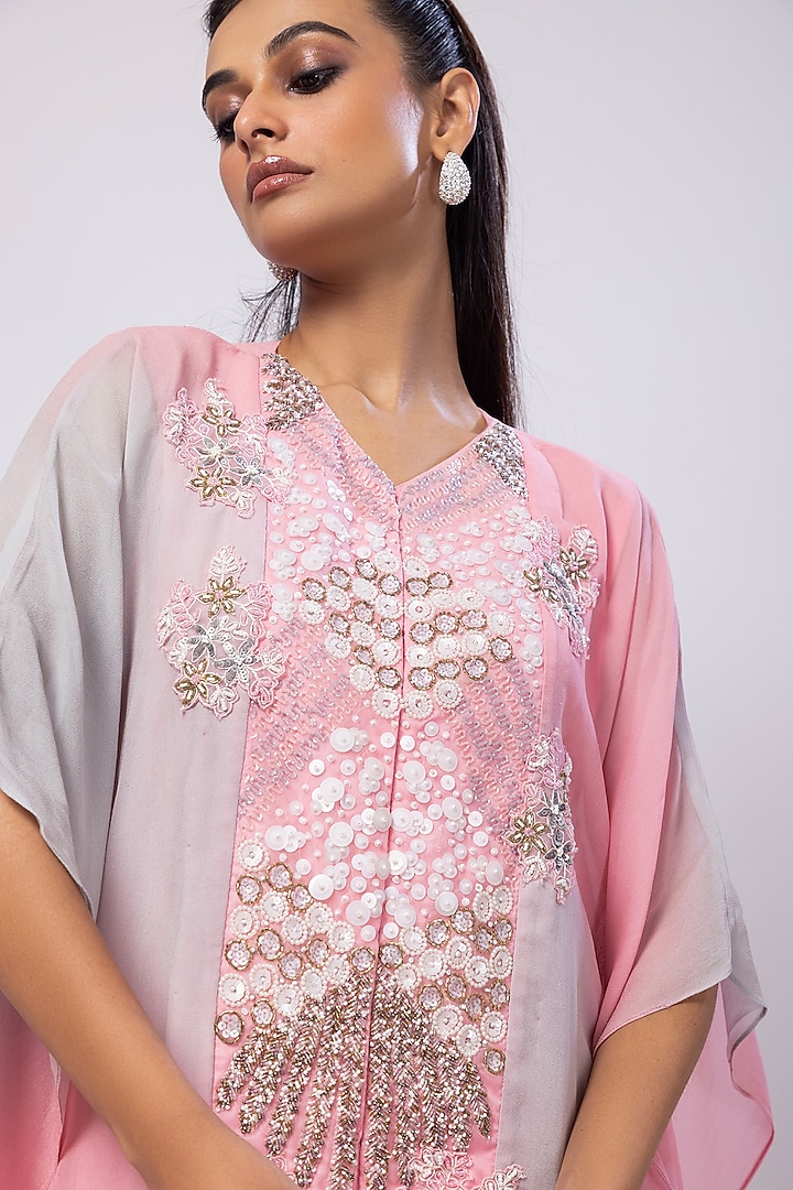 Pink & Grey Georgette Embellished Shaded Kaftan Set by Smriti by Anju Agarwal at Pernia's Pop Up Shop
