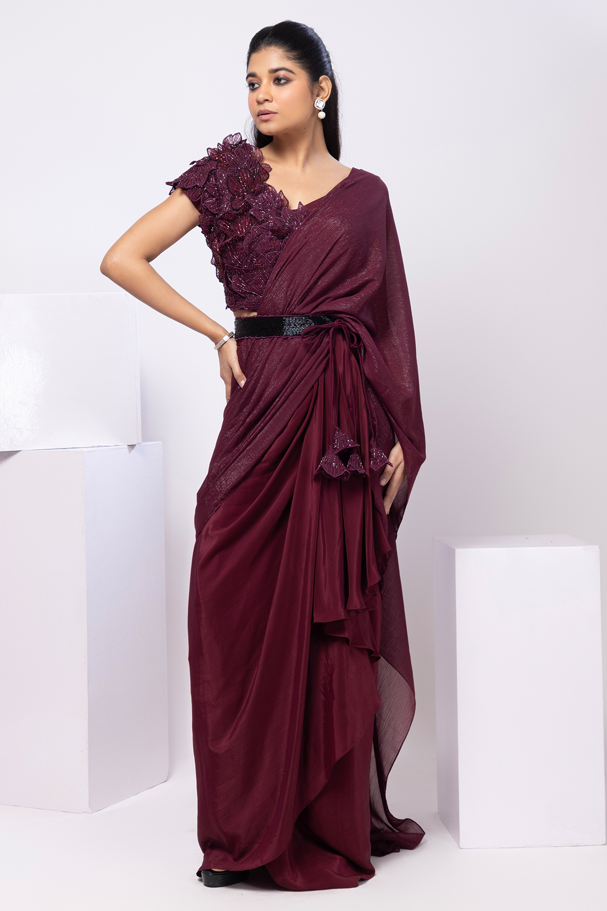 Wine Crepe & Shimmer Chinon Draped Party Wear Saree Set by Smriti by Anju Agarwal at Pernia's Pop Up Shop