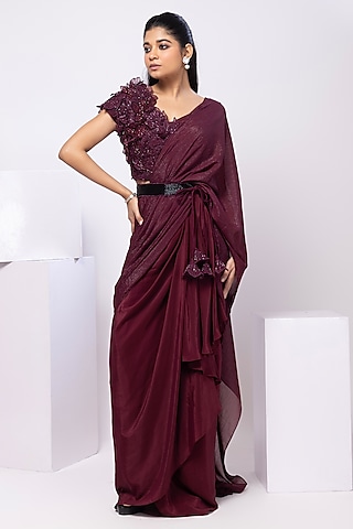 Wine Crepe & Shimmer Chinon Draped Saree Set by Smriti by Anju Agarwal