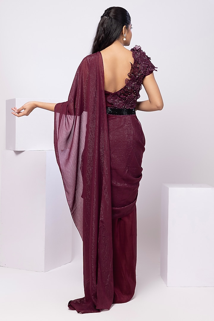 Wine Crepe & Shimmer Chinon Draped Party Wear Saree Set by Smriti by Anju Agarwal at Pernia's Pop Up Shop