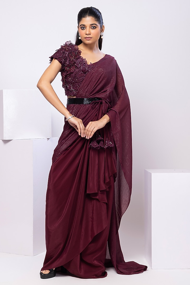 Wine Crepe & Shimmer Chinon Draped Party Wear Saree Set by Smriti by Anju Agarwal at Pernia's Pop Up Shop