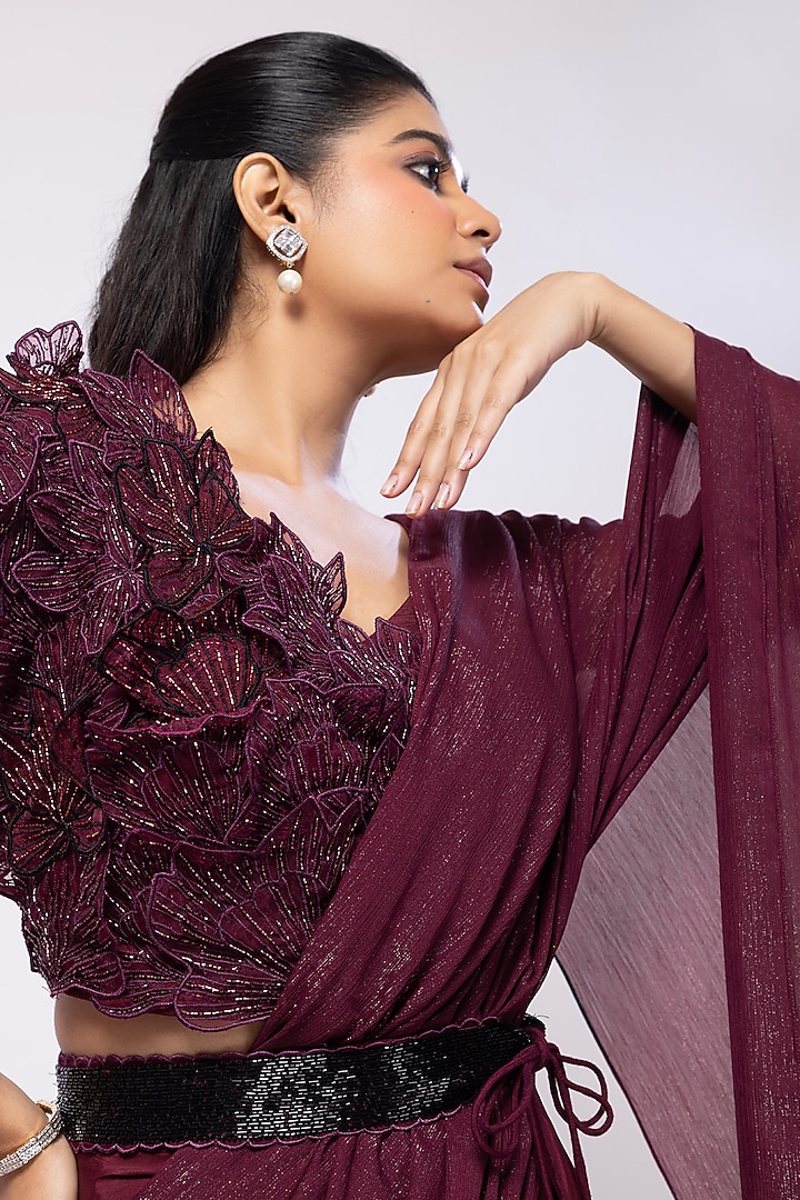 Wine Crepe & Shimmer Chinon Draped Party Wear Saree Set by Smriti by Anju Agarwal at Pernia's Pop Up Shop