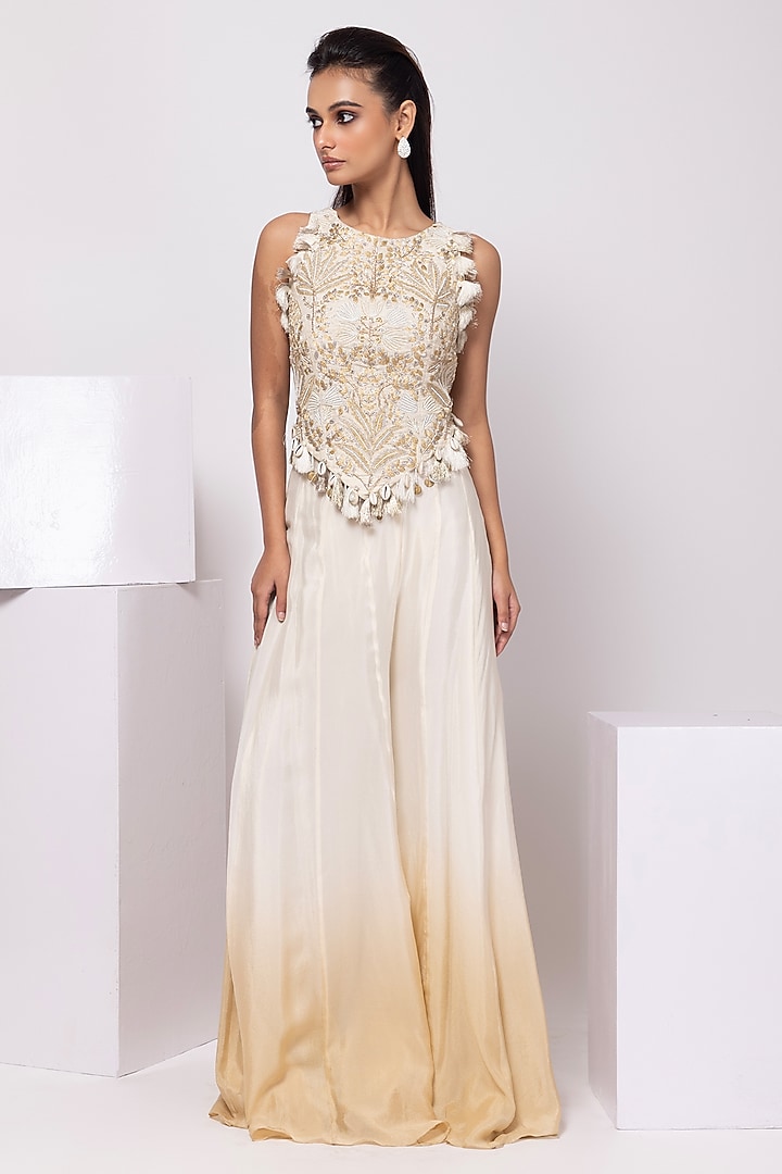 Ivory & Gold Chinon Tassel Embellished Pant Set by Smriti by Anju Agarwal at Pernia's Pop Up Shop