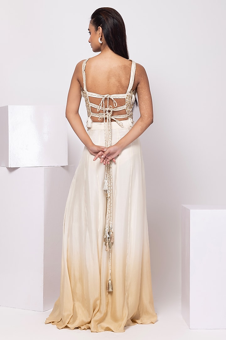 Ivory & Gold Chinon Tassel Embellished Pant Set by Smriti by Anju Agarwal at Pernia's Pop Up Shop