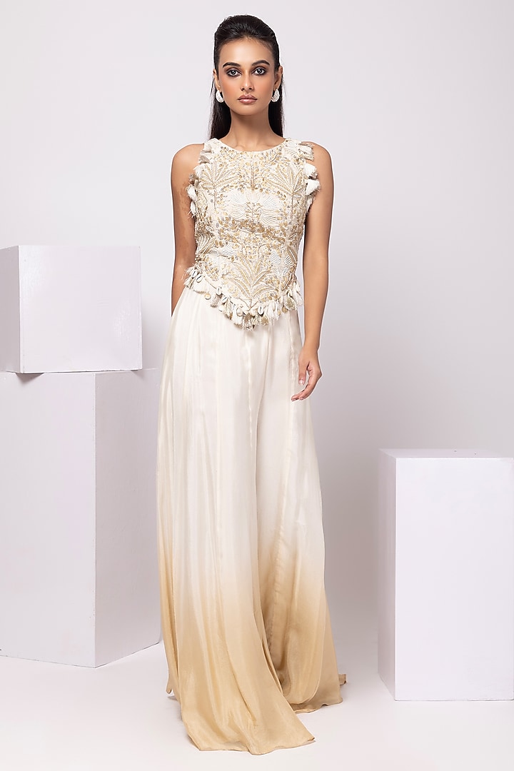 Ivory & Gold Chinon Tassel Embellished Pant Set by Smriti by Anju Agarwal at Pernia's Pop Up Shop