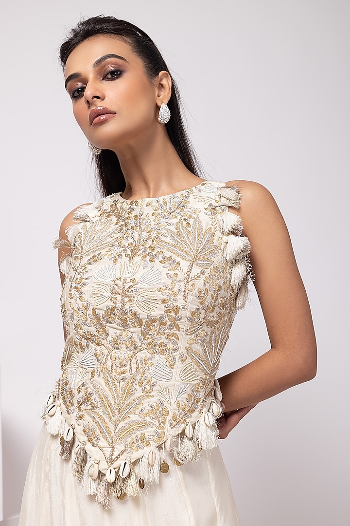 Ivory & Gold Chinon Tassel Embellished Pant Set by Smriti by Anju Agarwal at Pernia's Pop Up Shop