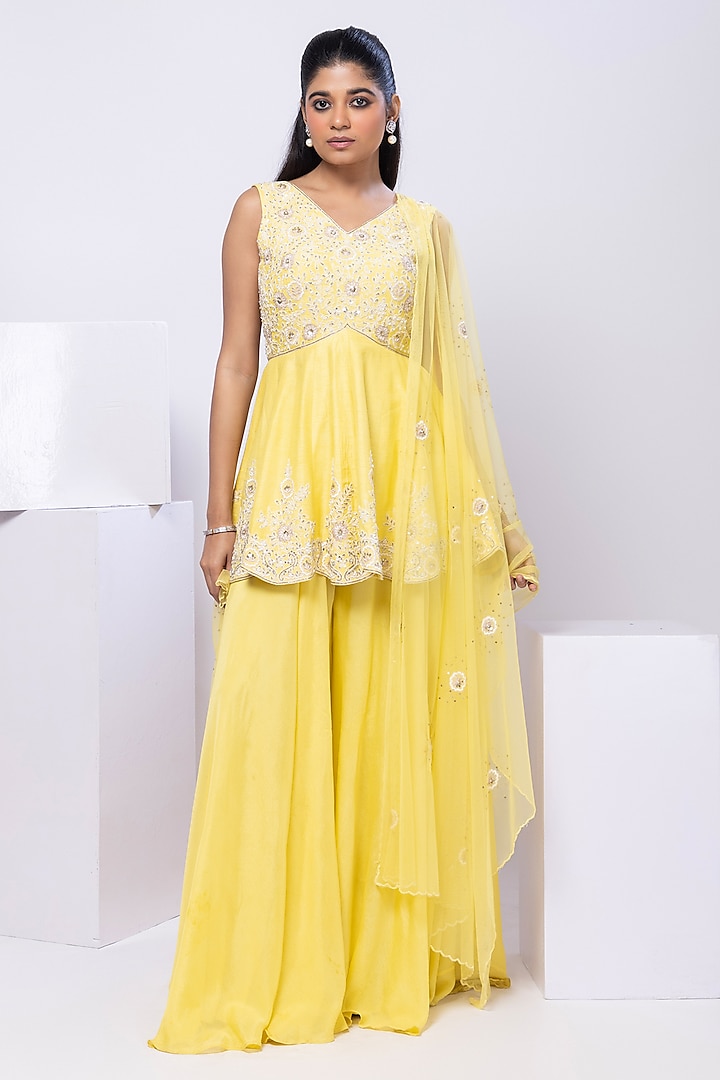 Yellow Silk Embroidered Palazzo Pant Set by Smriti by Anju Agarwal at Pernia's Pop Up Shop