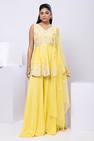 Yellow Silk Embroidered Palazzo Pant Set by Smriti by Anju Agarwal