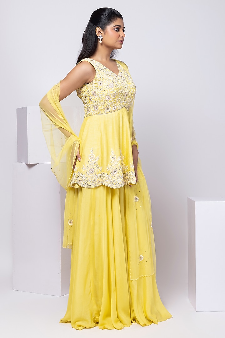 Yellow Silk Embroidered Palazzo Pant Set by Smriti by Anju Agarwal at Pernia's Pop Up Shop