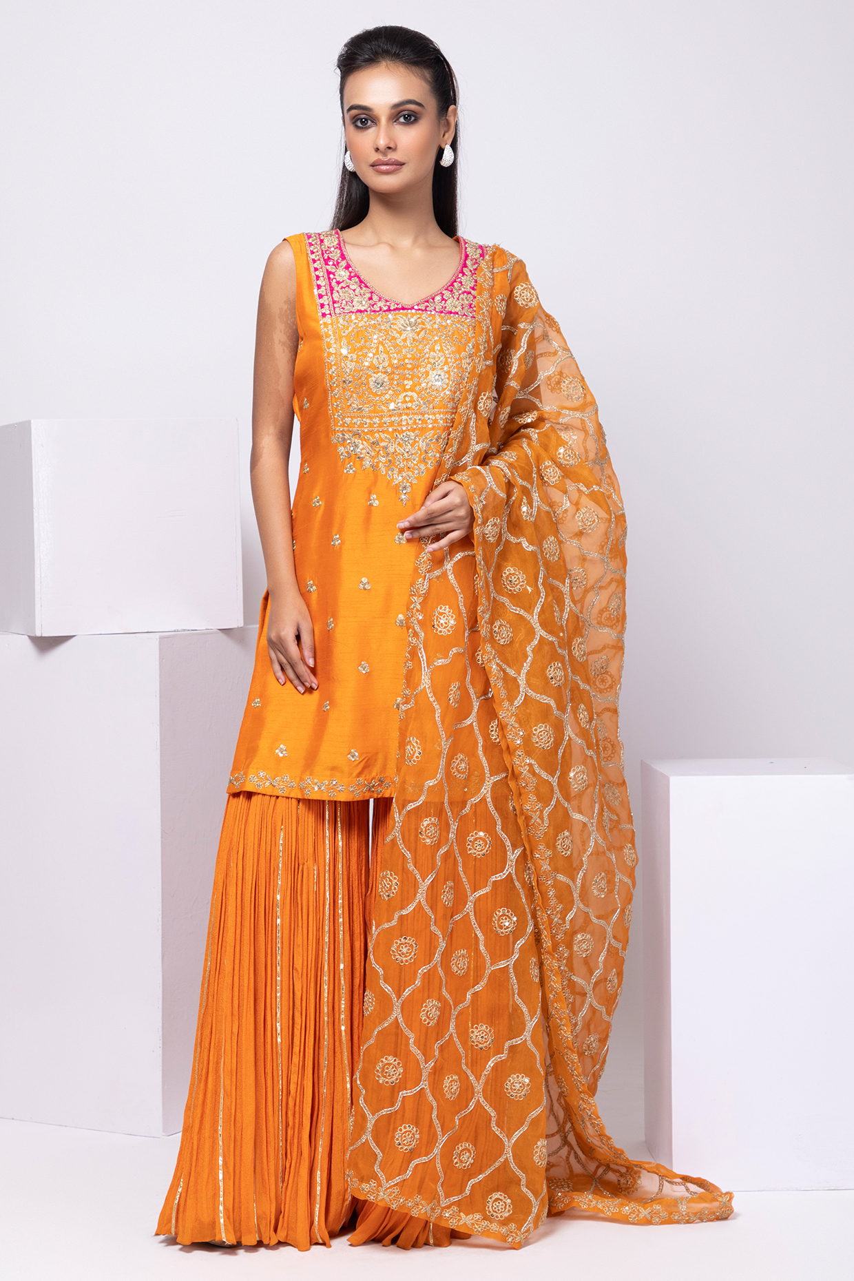 Orange Chinon Embroidered Pleated Wedding Sharara Set by Smriti by Anju Agarwal at Pernia's Pop Up Shop
