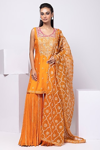 Orange Chinon Embroidered Pleated Sharara Set by Smriti by Anju Agarwal