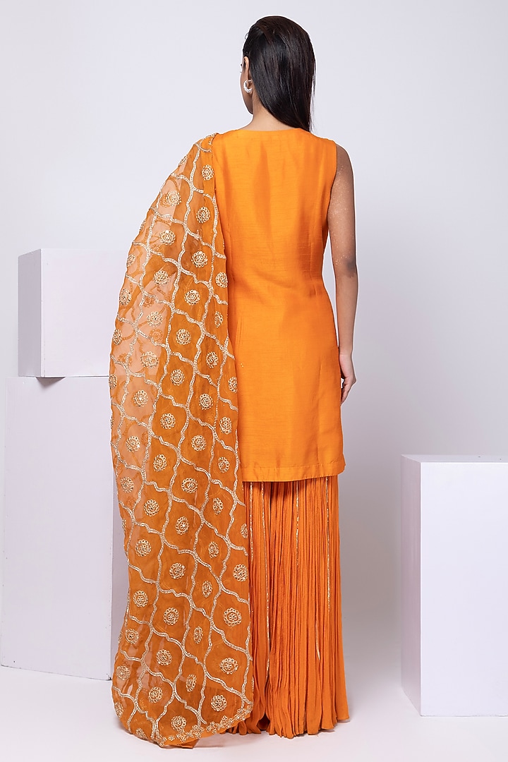Orange Chinon Embroidered Pleated Wedding Sharara Set by Smriti by Anju Agarwal at Pernia's Pop Up Shop