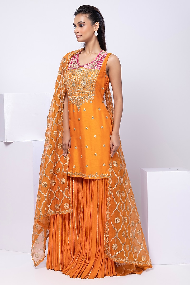 Orange Chinon Embroidered Pleated Wedding Sharara Set by Smriti by Anju Agarwal at Pernia's Pop Up Shop