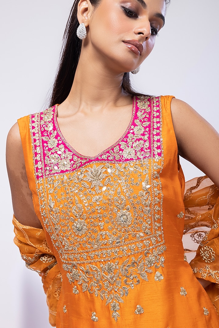 Orange Chinon Embroidered Pleated Wedding Sharara Set by Smriti by Anju Agarwal at Pernia's Pop Up Shop
