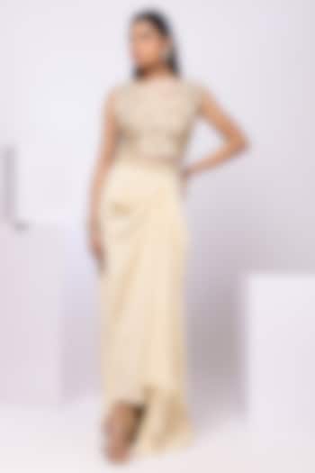 Gold Crepe Floral Embroidered Draped Skirt Set by Smriti by Anju Agarwal at Pernia's Pop Up Shop
