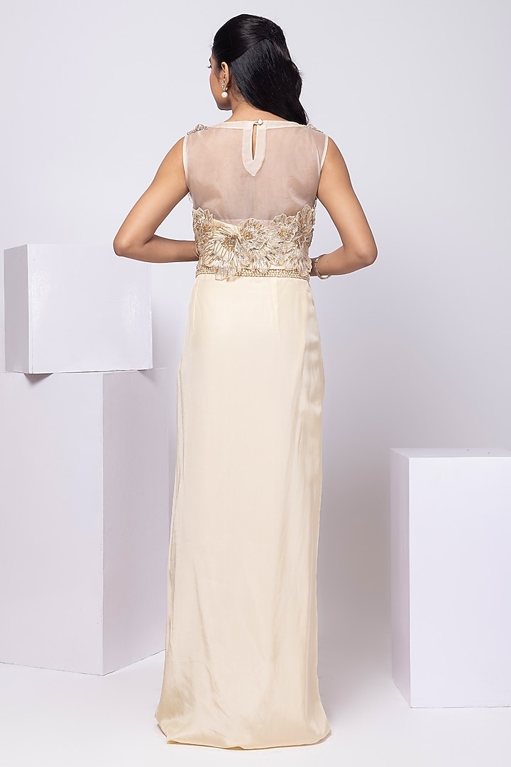 Gold Crepe Floral Embroidered Draped Skirt Set by Smriti by Anju Agarwal at Pernia's Pop Up Shop