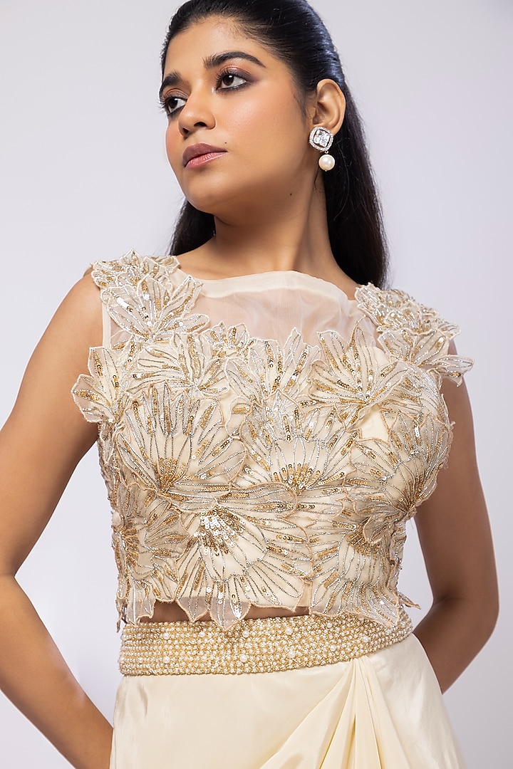 Gold Crepe Floral Embroidered Draped Skirt Set by Smriti by Anju Agarwal at Pernia's Pop Up Shop