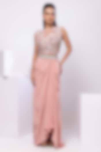 Rose Gold Pink Crepe Floral Embroidered Draped Skirt Set by Smriti by Anju Agarwal at Pernia's Pop Up Shop