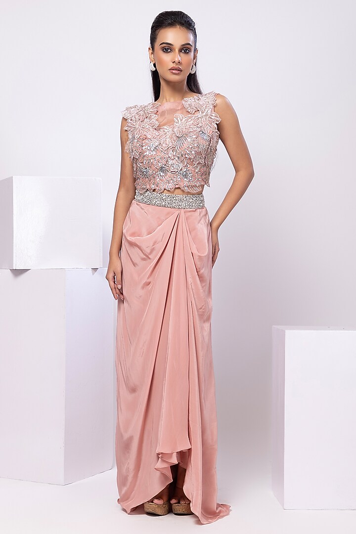 Rose Gold Pink Crepe Floral Embroidered Draped Skirt Set by Smriti by Anju Agarwal at Pernia's Pop Up Shop