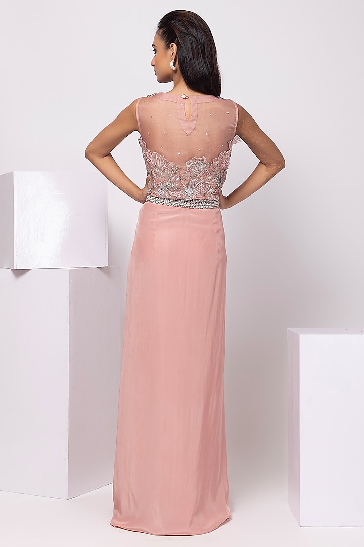 Rose Gold Pink Crepe Floral Embroidered Draped Skirt Set by Smriti by Anju Agarwal at Pernia's Pop Up Shop