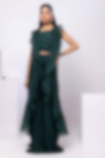 Emerald Green Chinon Pleated Skirt Set by Smriti by Anju Agarwal at Pernia's Pop Up Shop