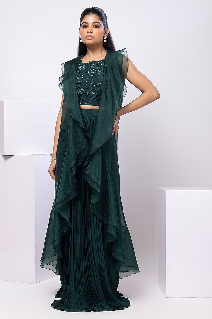 Emerald Green Chinon Pleated Skirt Set by Smriti by Anju Agarwal at Pernia's Pop Up Shop