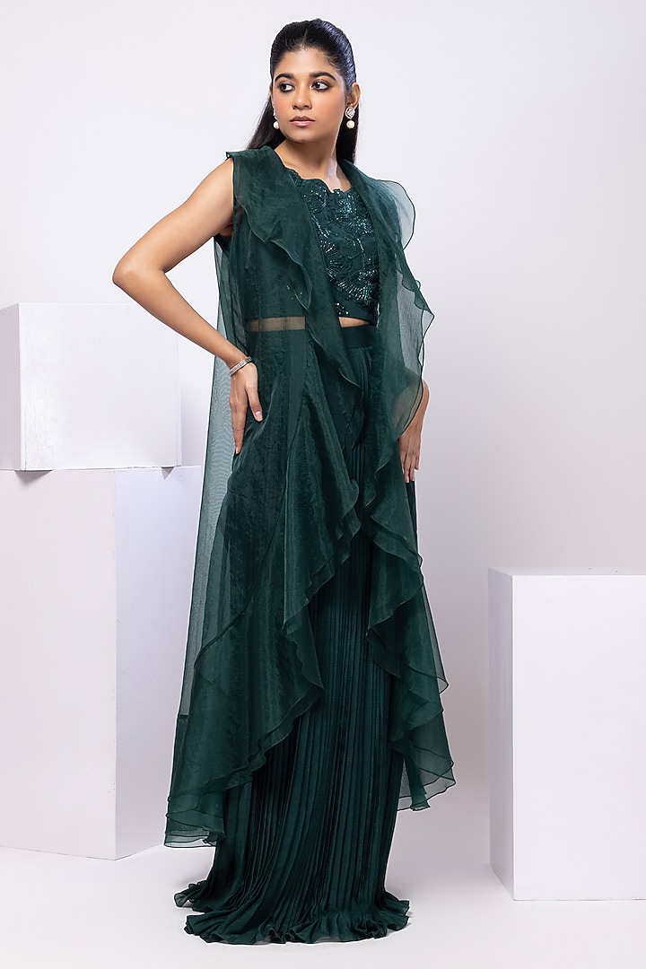 Emerald Green Chinon Pleated Skirt Set by Smriti by Anju Agarwal at Pernia's Pop Up Shop