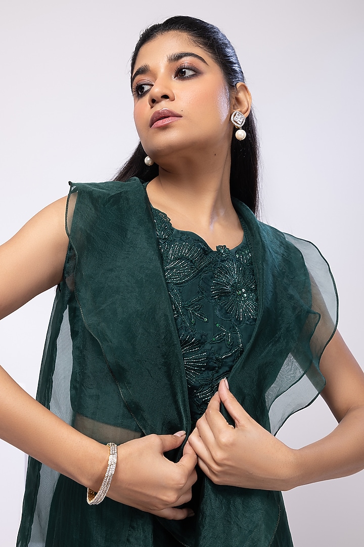 Emerald Green Chinon Pleated Skirt Set by Smriti by Anju Agarwal at Pernia's Pop Up Shop