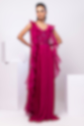 Fuchsia Pink Chinon Pleated Skirt Set by Smriti by Anju Agarwal at Pernia's Pop Up Shop