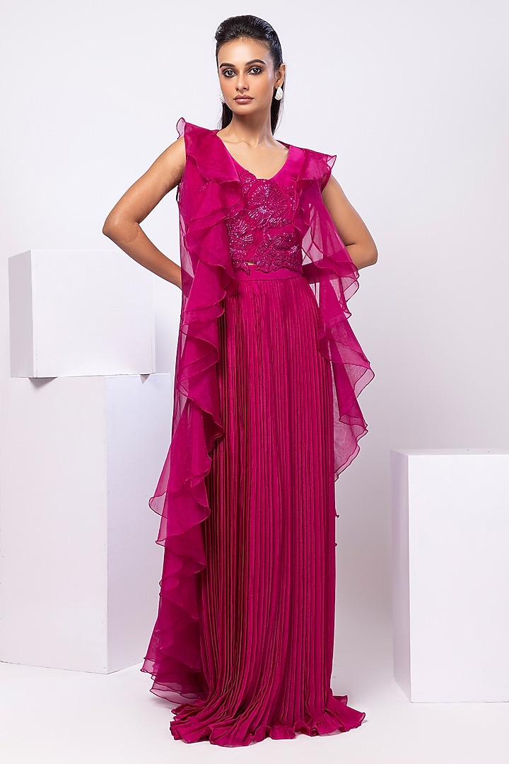 Fuchsia Pink Chinon Pleated Skirt Set by Smriti by Anju Agarwal at Pernia's Pop Up Shop
