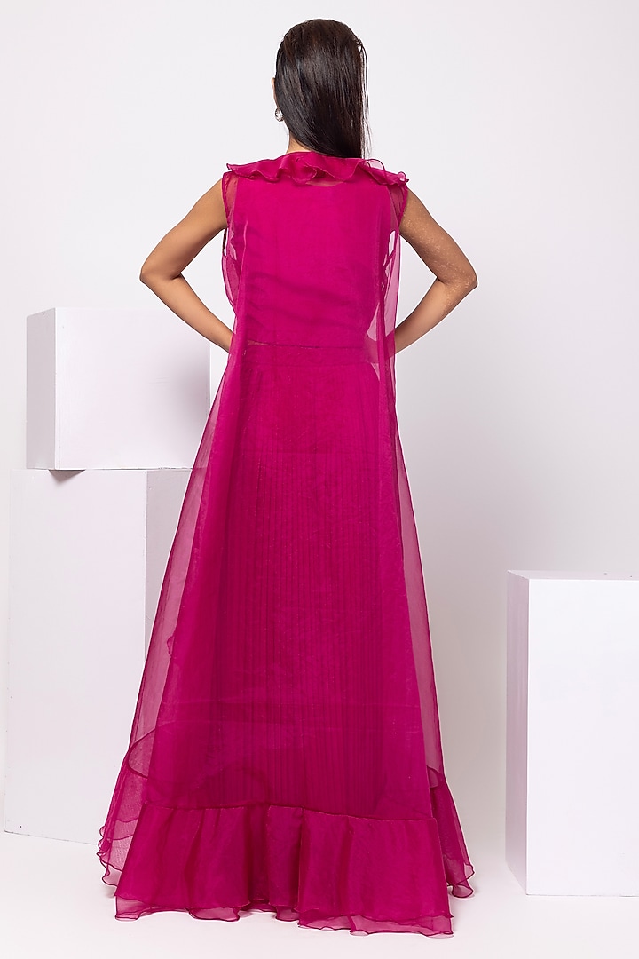 Fuchsia Pink Chinon Pleated Skirt Set by Smriti by Anju Agarwal at Pernia's Pop Up Shop