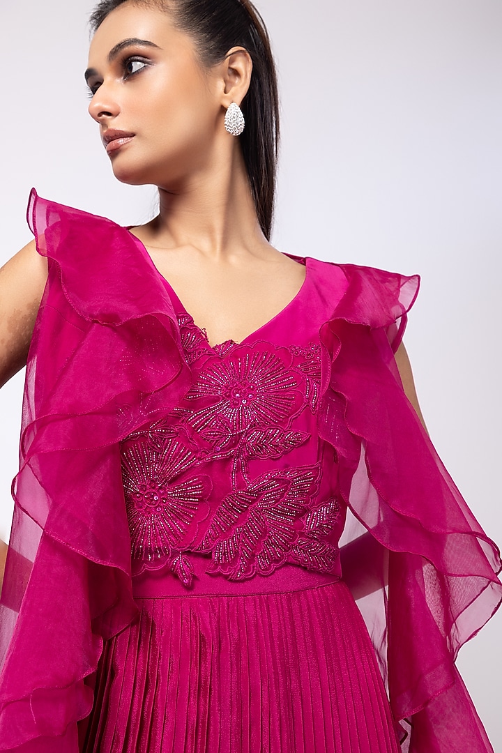 Fuchsia Pink Chinon Pleated Skirt Set by Smriti by Anju Agarwal at Pernia's Pop Up Shop
