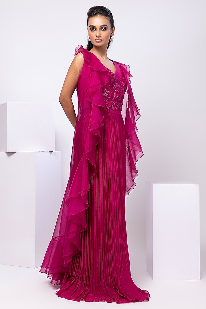 Fuchsia Pink Chinon Pleated Skirt Set by Smriti by Anju Agarwal at Pernia's Pop Up Shop