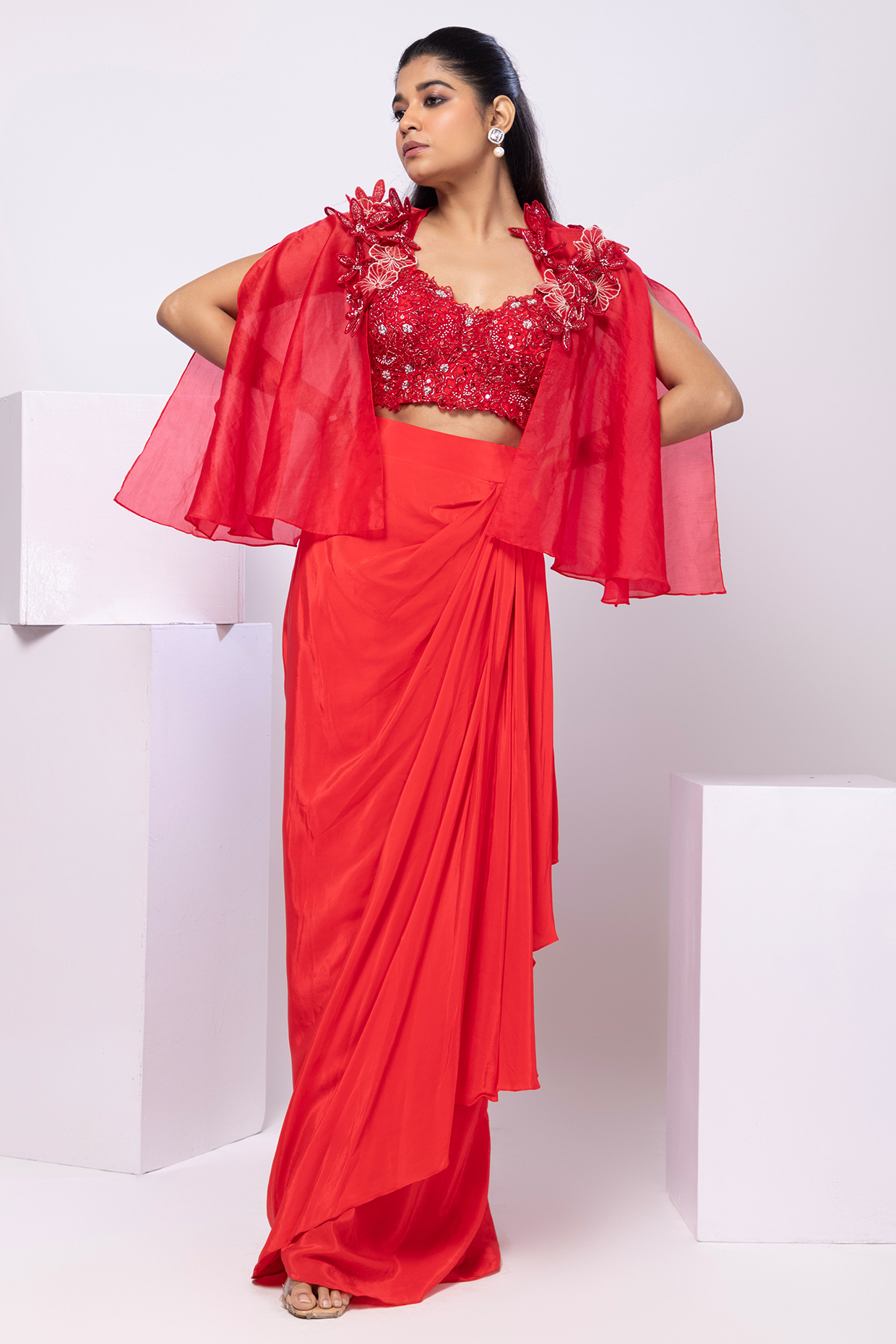 Red Crepe Draped Skirt Set by Smriti by Anju Agarwal at Pernia's Pop Up Shop