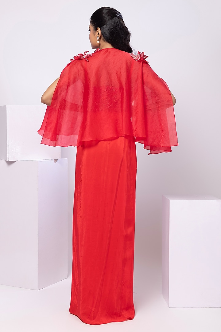Red Crepe Draped Skirt Set by Smriti by Anju Agarwal at Pernia's Pop Up Shop