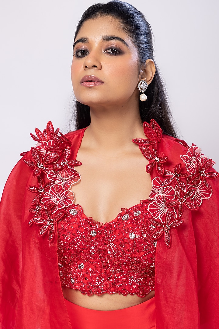 Red Crepe Draped Skirt Set by Smriti by Anju Agarwal at Pernia's Pop Up Shop