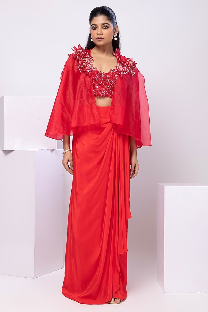Red Crepe Draped Skirt Set by Smriti by Anju Agarwal at Pernia's Pop Up Shop