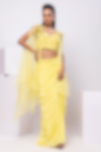 Yellow Crepe Draped Skirt Set by Smriti by Anju Agarwal at Pernia's Pop Up Shop