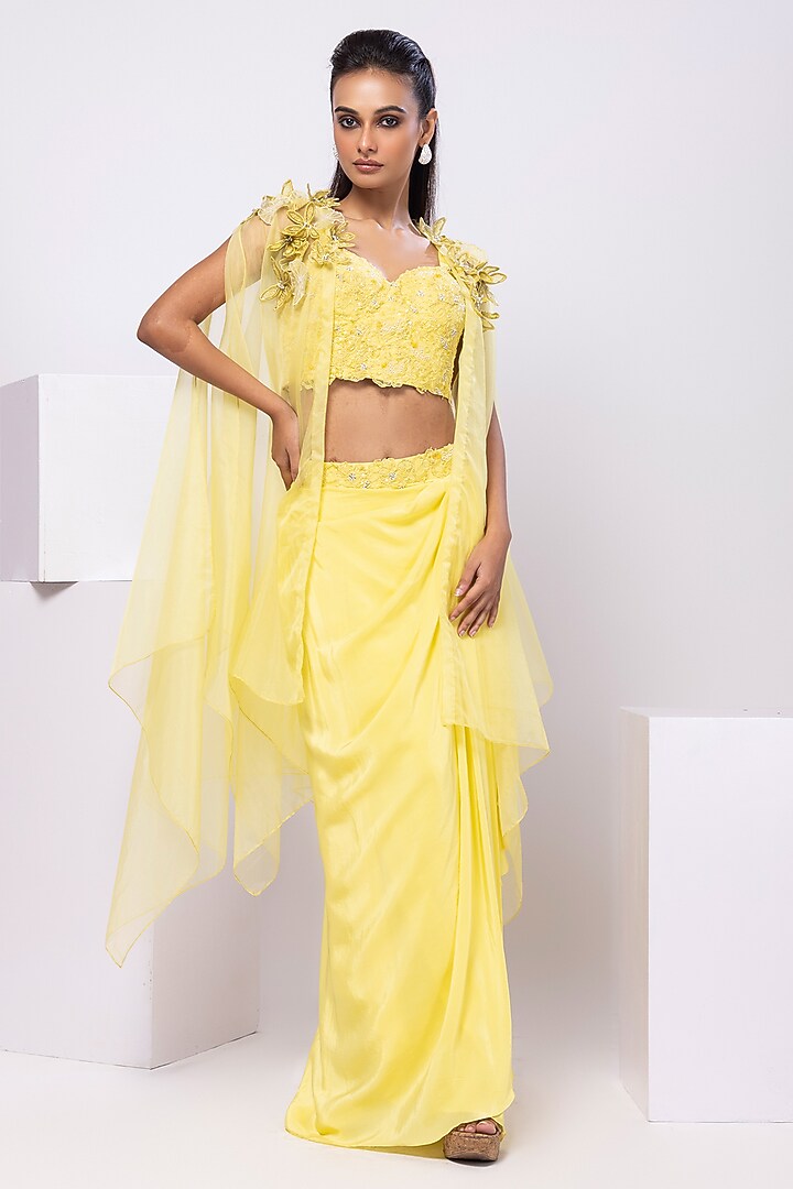 Yellow Crepe Draped Skirt Set by Smriti by Anju Agarwal at Pernia's Pop Up Shop