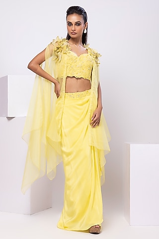 Yellow Crepe Draped Skirt Set by Smriti by Anju Agarwal