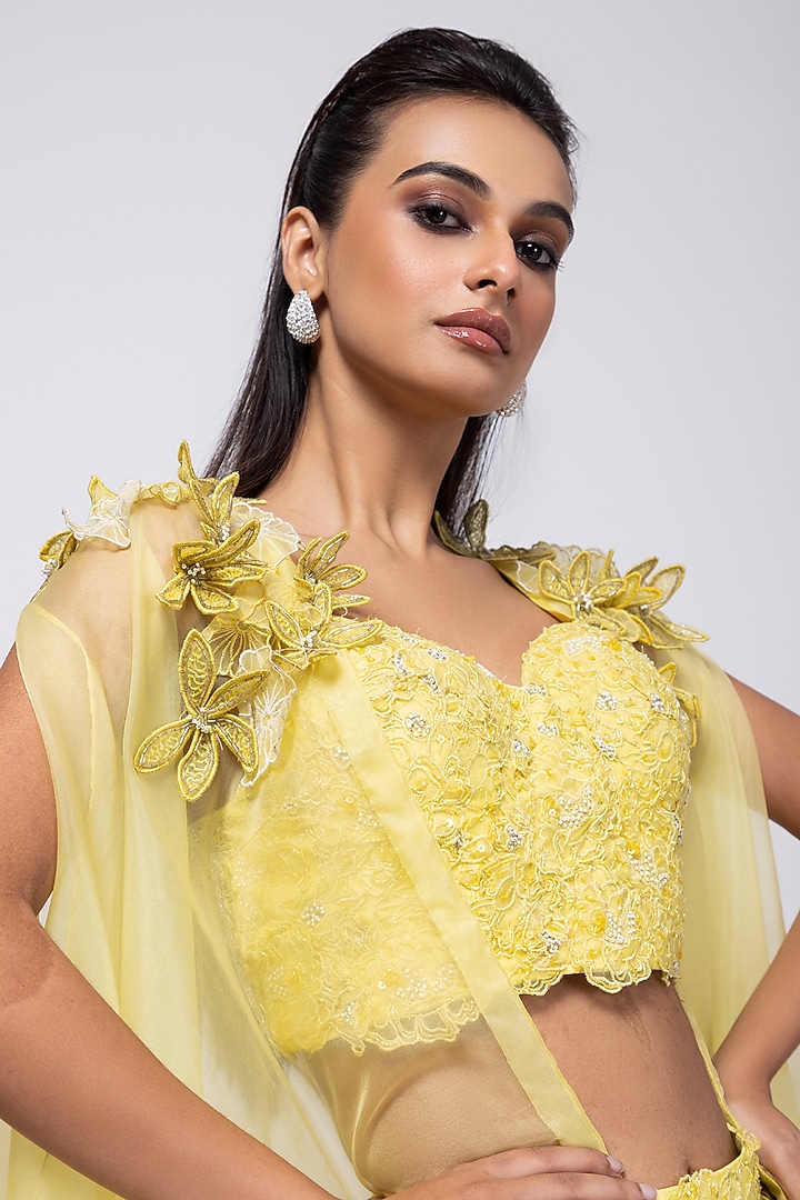 Yellow Crepe Draped Skirt Set by Smriti by Anju Agarwal at Pernia's Pop Up Shop