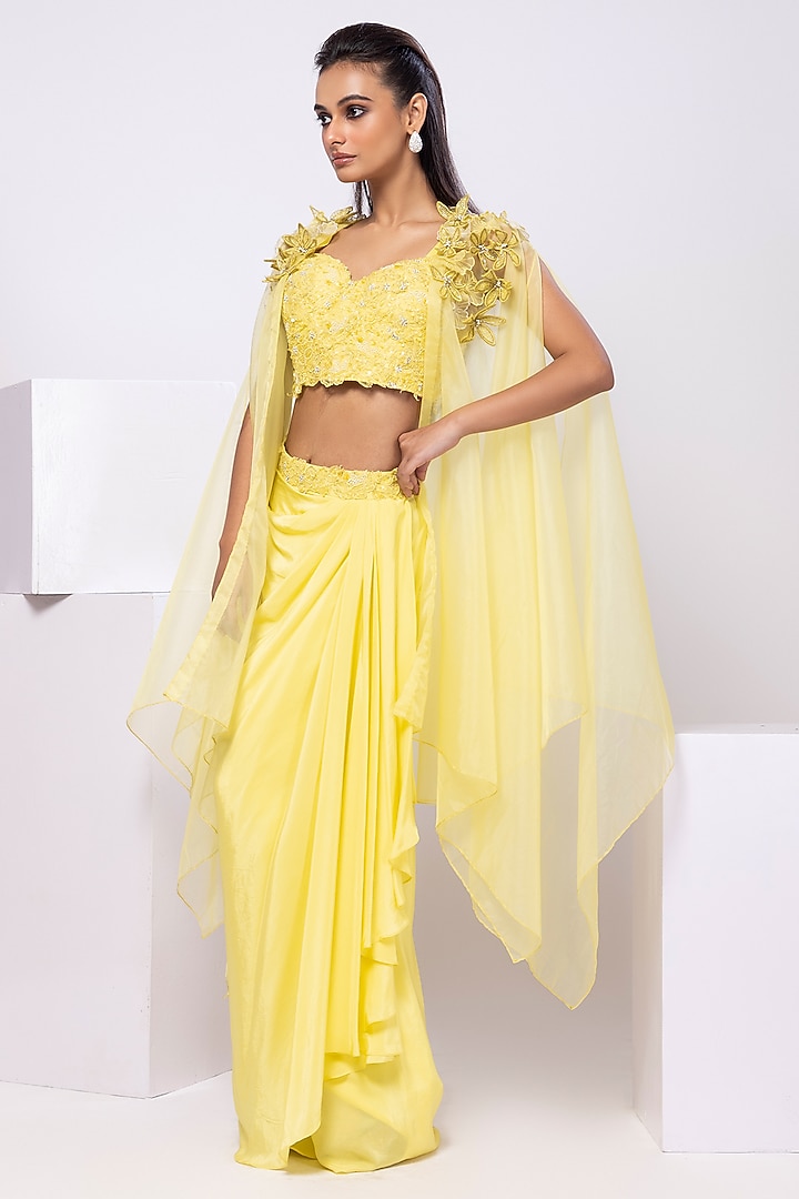 Yellow Crepe Draped Skirt Set by Smriti by Anju Agarwal at Pernia's Pop Up Shop