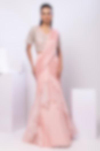 Pink Chinon Embroidered Draped Wedding Lehenga Saree Set by Smriti by Anju Agarwal at Pernia's Pop Up Shop