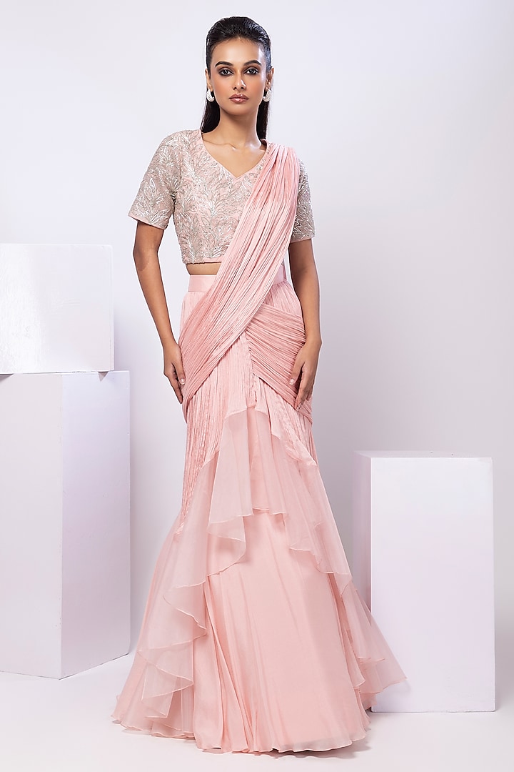 Pink Chinon Embroidered Draped Wedding Lehenga Saree Set by Smriti by Anju Agarwal at Pernia's Pop Up Shop