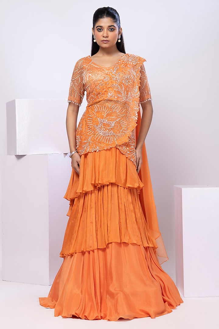 Crystal Orange Chinon  dulhan bday 22 may Lehenga Set by Smriti by Anju Agarwal at Pernia's Pop Up Shop